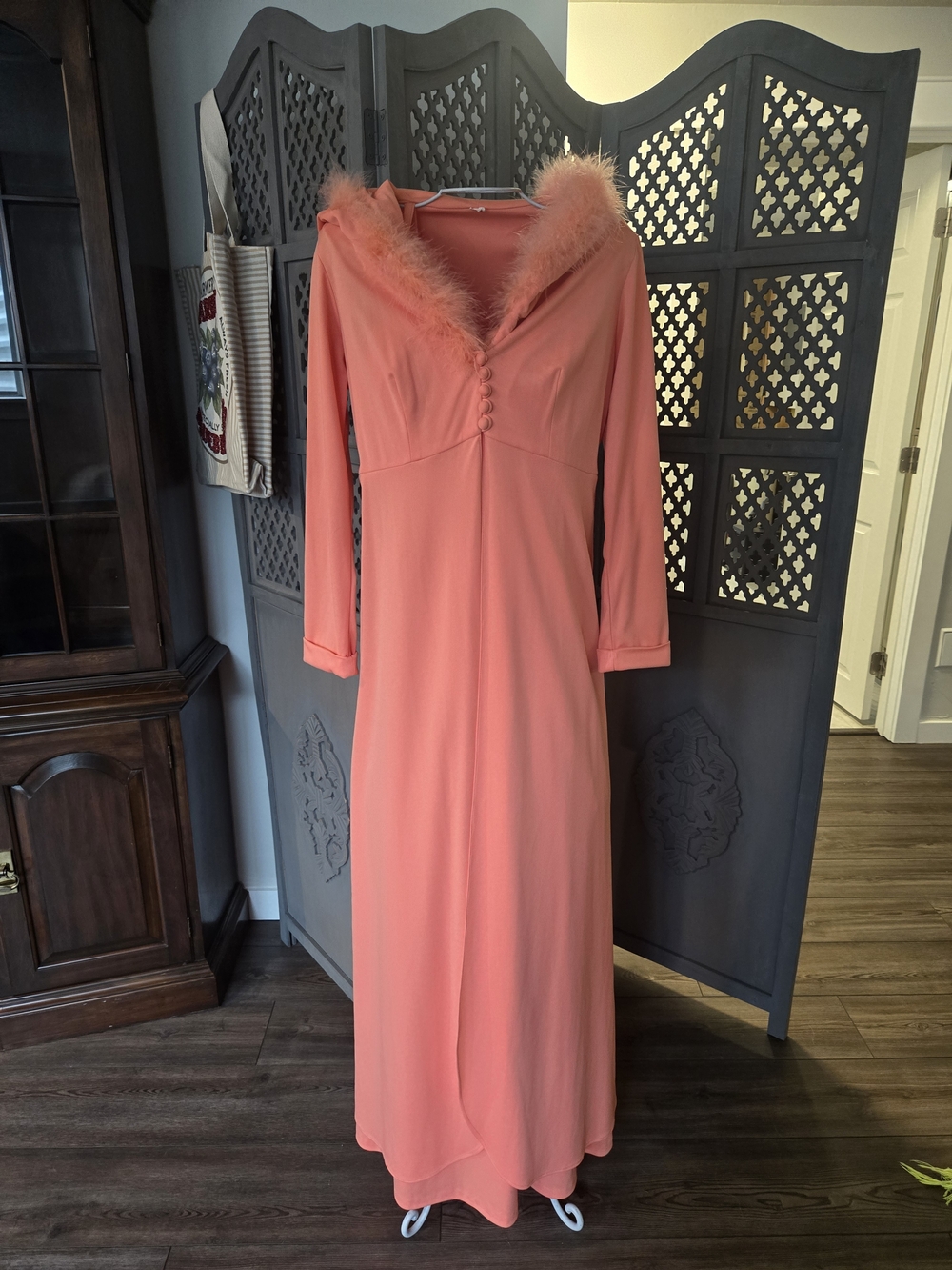 Vintage Coral Long Sleeve Maxi Dress with Feathery Trim